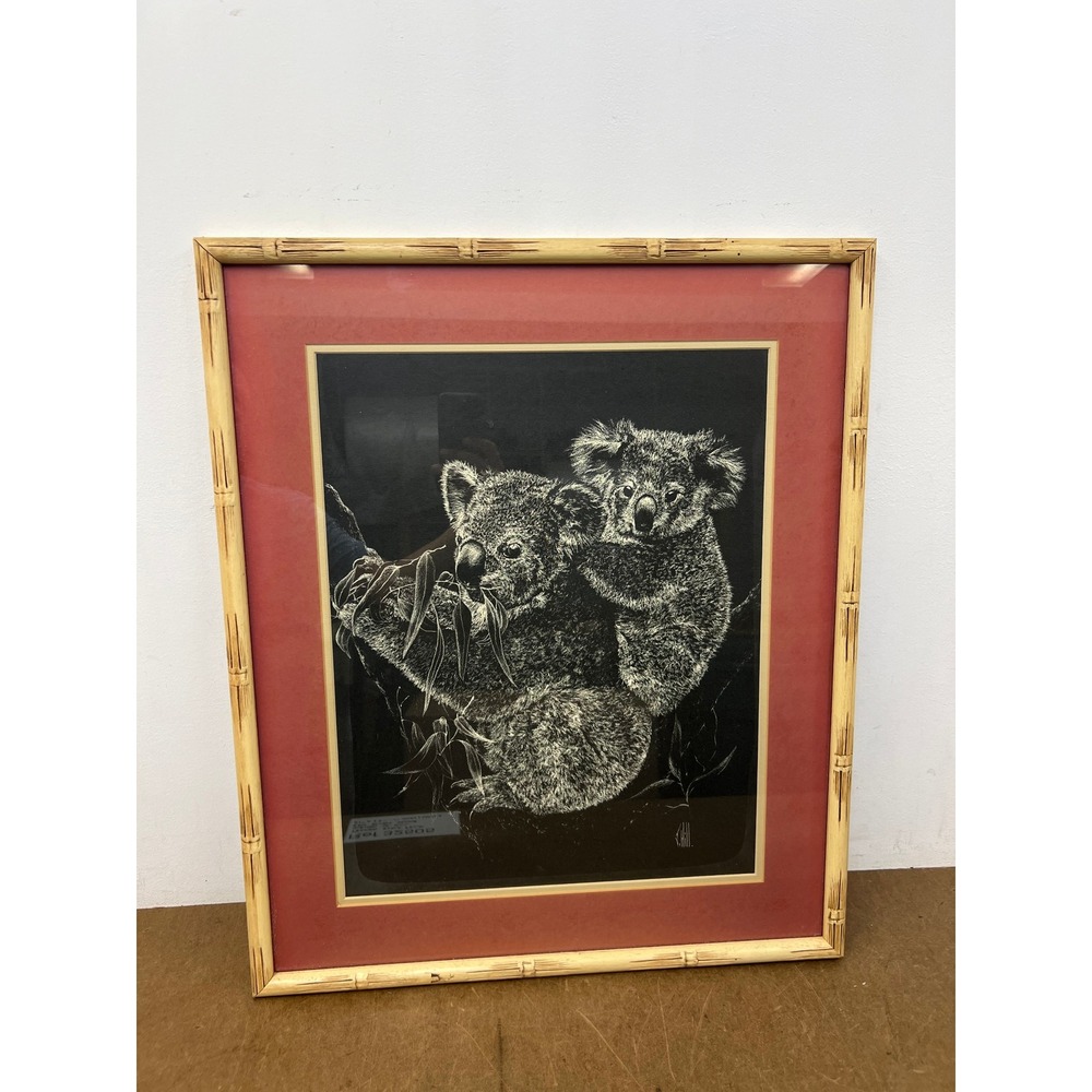 Vintage Signed Koala Print Faux Bamboo Frame J Hill Wildlife Art Australia Decor